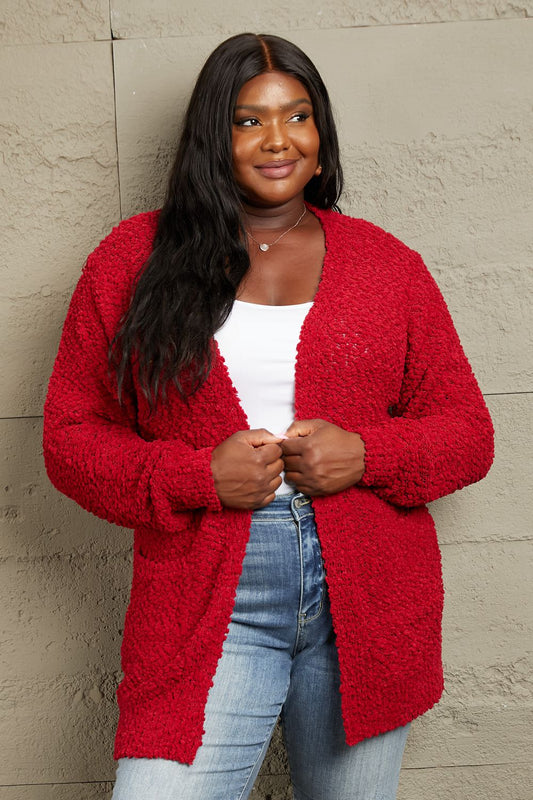 Open Front Popcorn Cardigan - Red