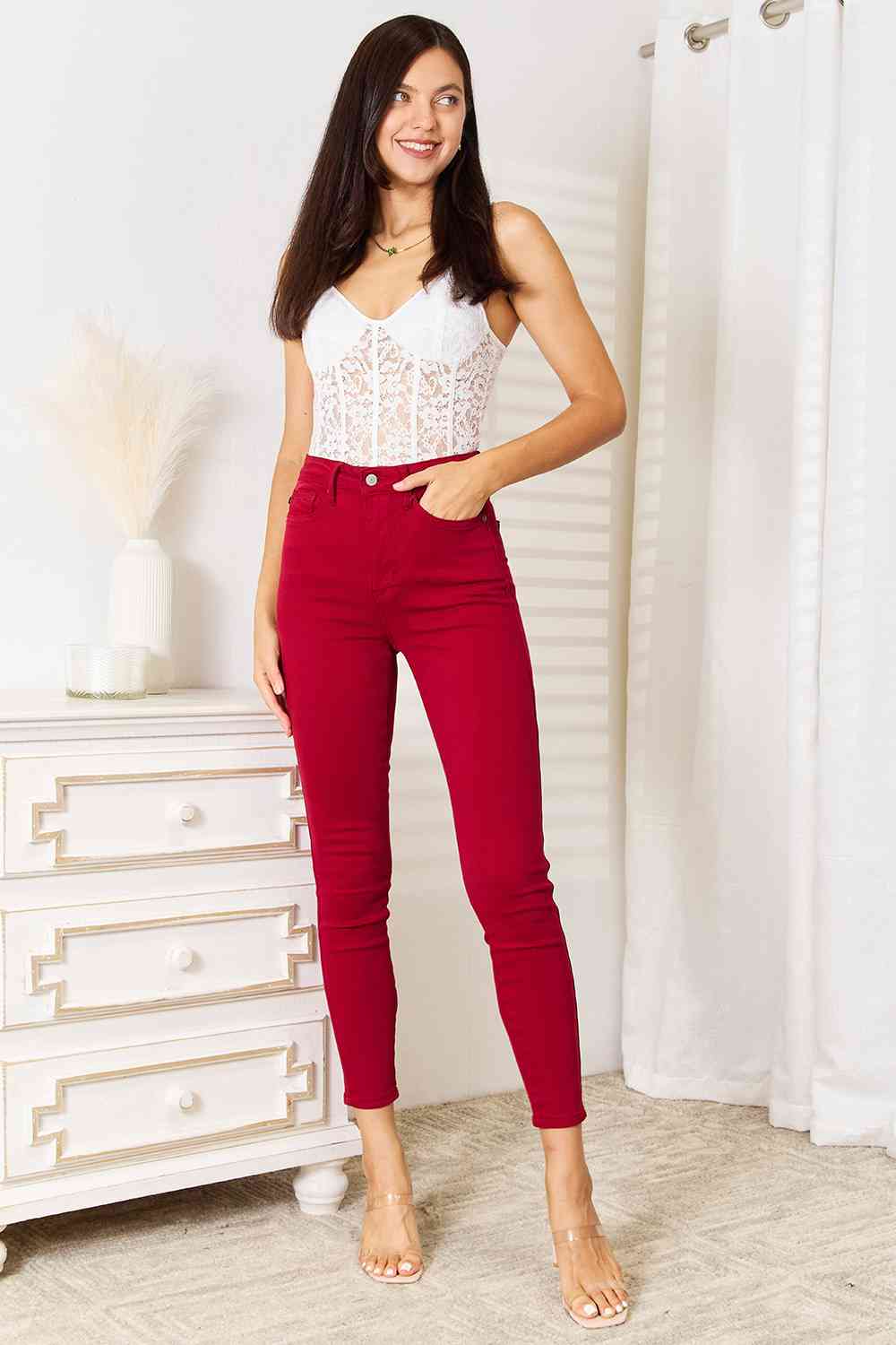 Judy Blue High Waist Tummy Control Skinny Jeans - Holiday Red