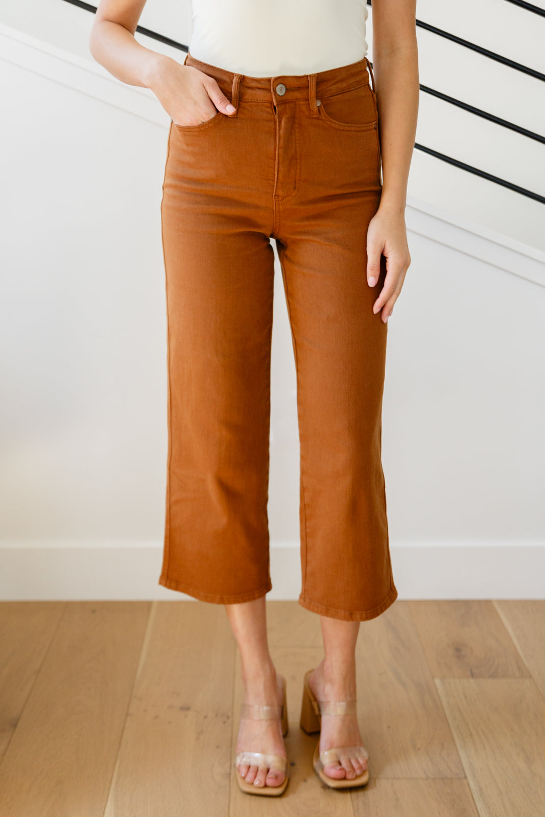 Judy Blue High Rise Control Top Wide Leg Crop Jeans - Camel