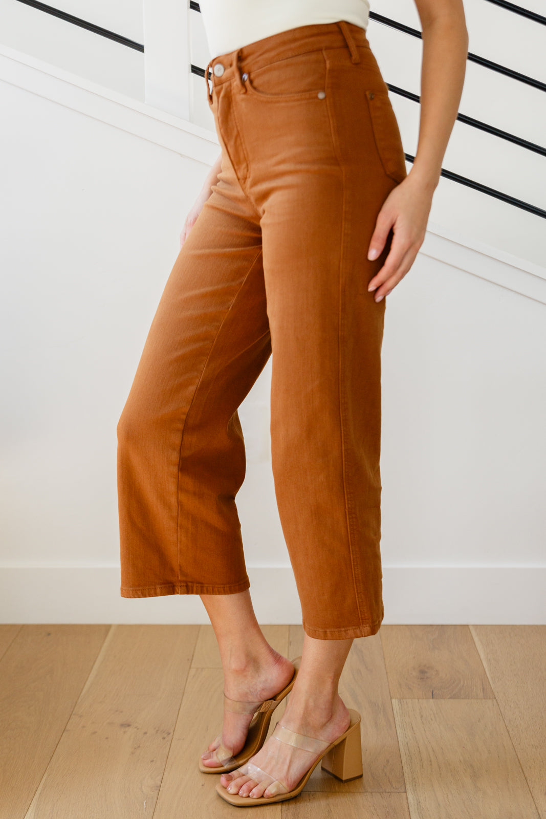 Judy Blue High Rise Control Top Wide Leg Crop Jeans - Camel