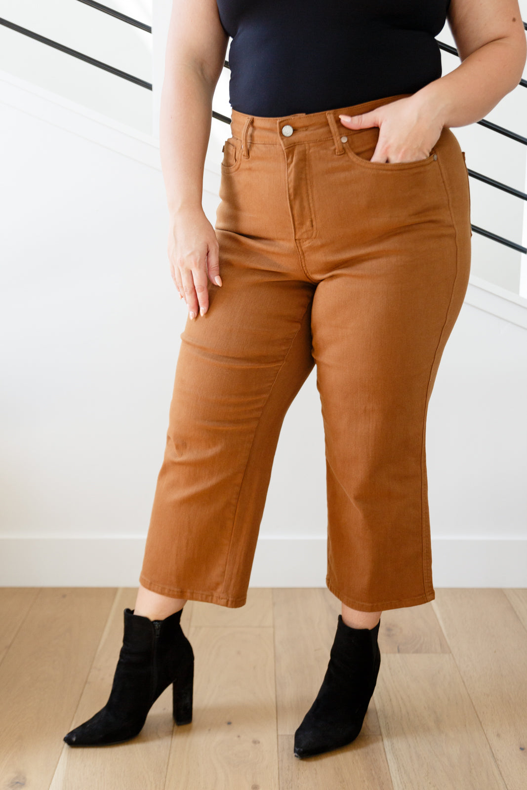 Judy Blue High Rise Control Top Wide Leg Crop Jeans - Camel