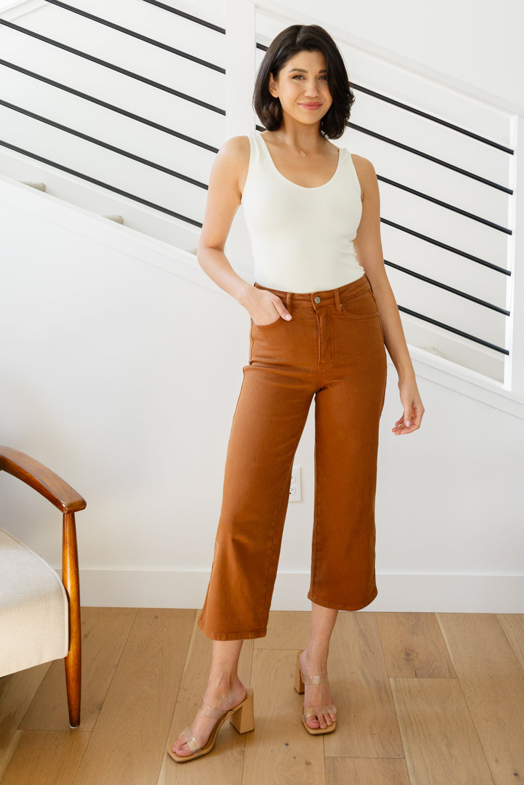 Judy Blue High Rise Control Top Wide Leg Crop Jeans - Camel