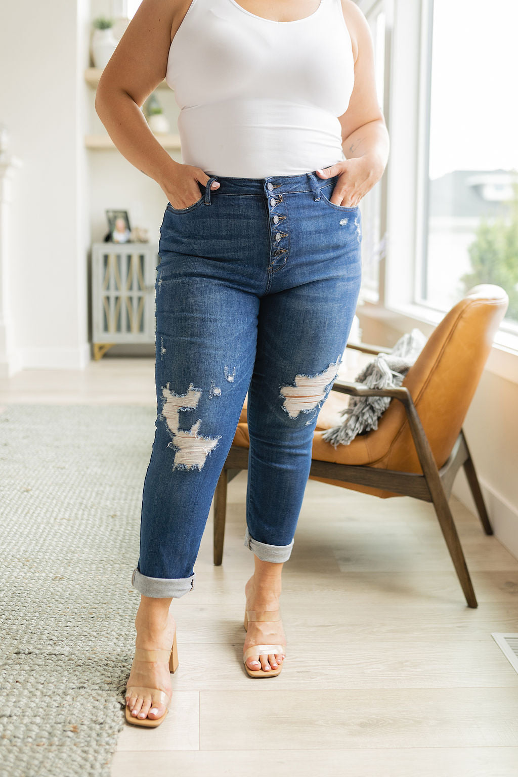 Judy Blue Colt Button Fly Distressed Boyfriend Jeans