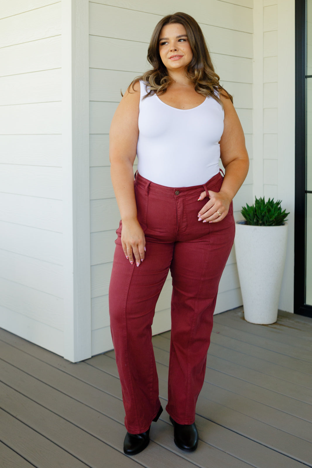 Judy Blue Phoebe High Rise Front Seam Straight Jeans - Burgundy