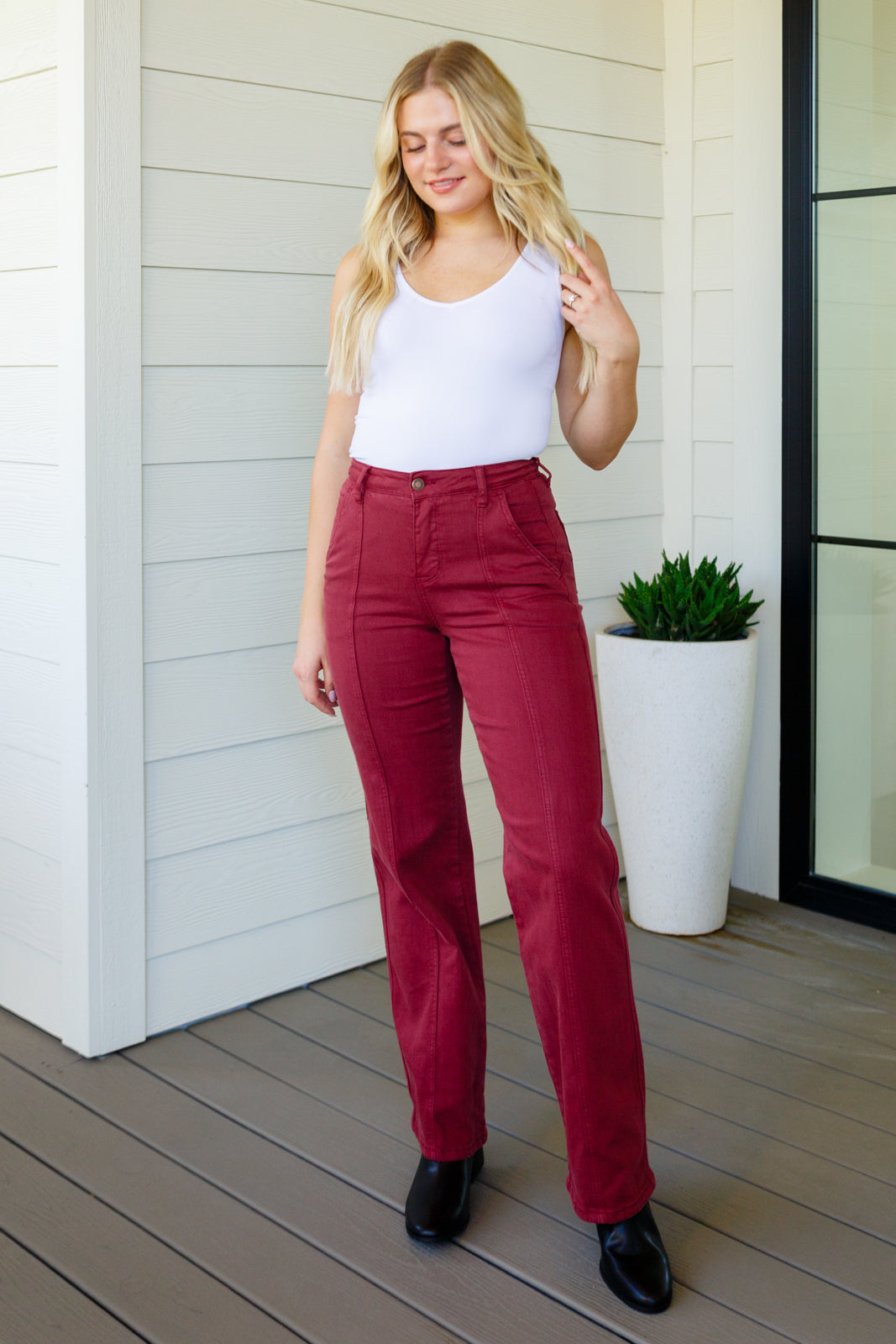 Judy Blue Phoebe High Rise Front Seam Straight Jeans - Burgundy