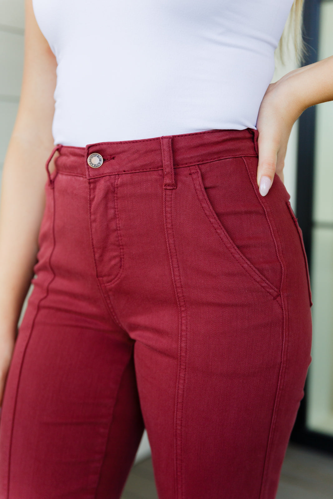 Judy Blue Phoebe High Rise Front Seam Straight Jeans - Burgundy