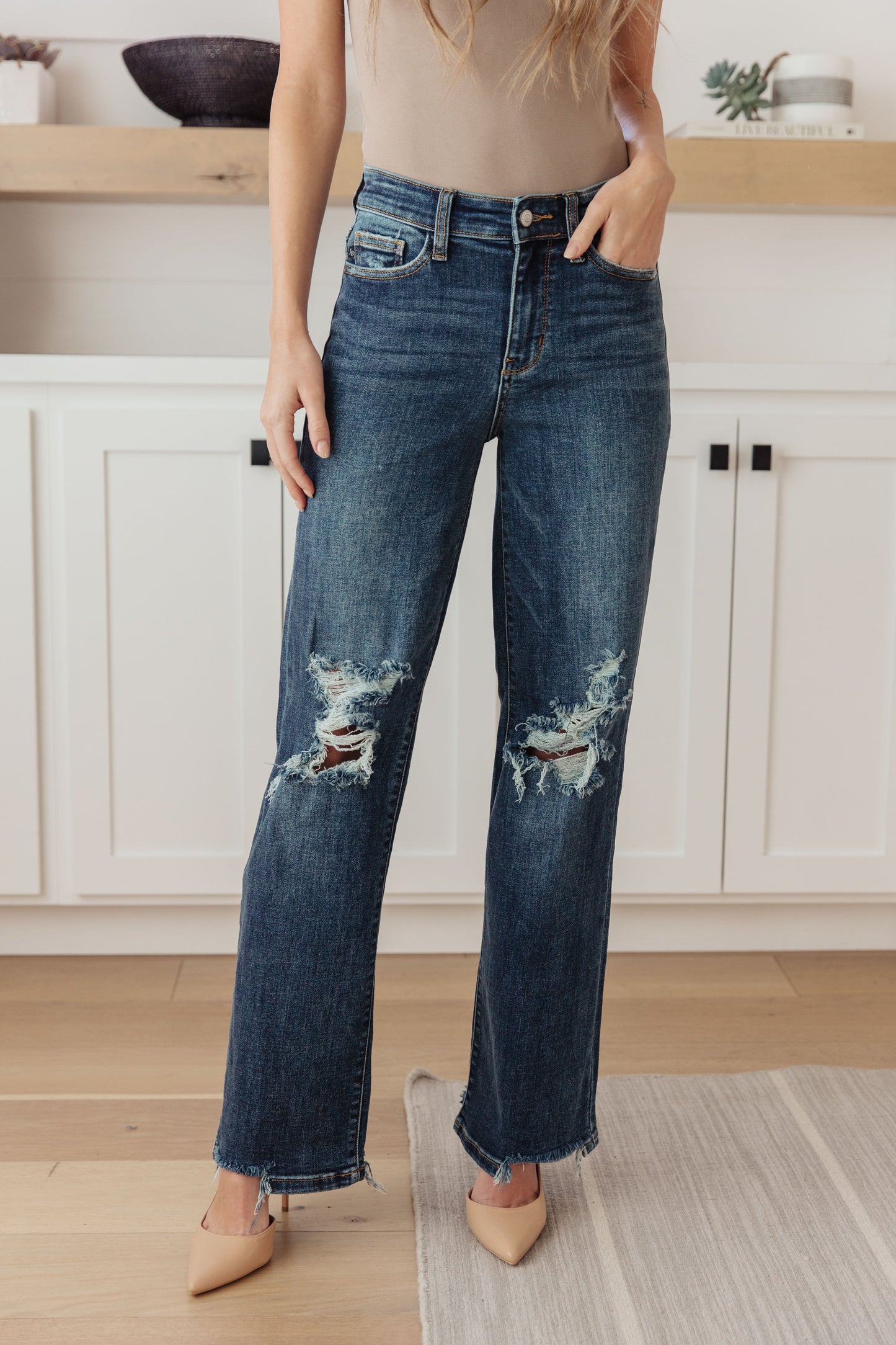 Judy Blue Rose 90's Straight Destroyed Knee Dark Wash Judy Blue Jeans