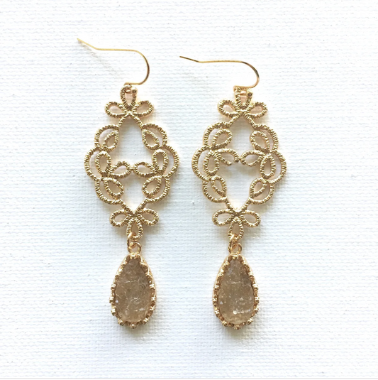 Filigree Druzy Earrings - Soft Olive