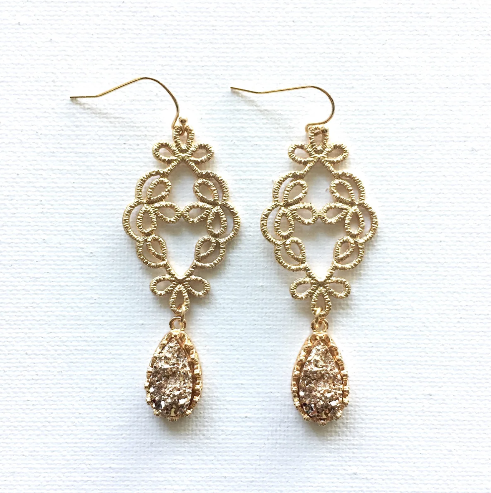 Filigree Druzy Earrings - Rose Gold