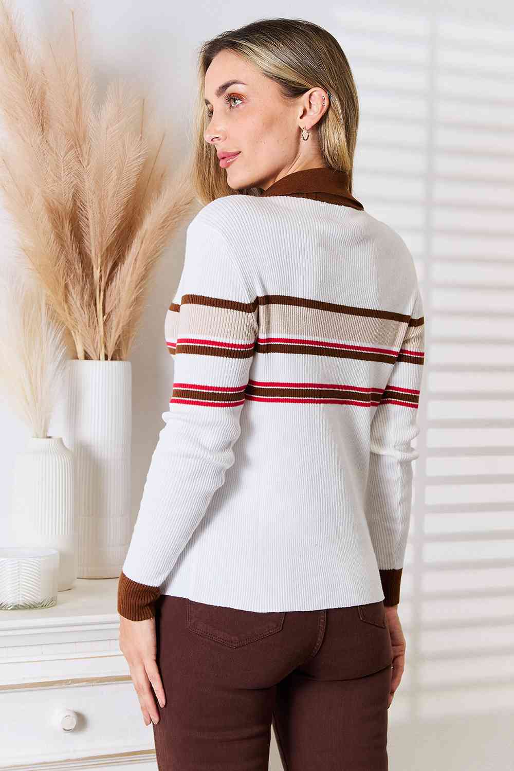 Johnny Collar Retro Striped Rib-Knit Top