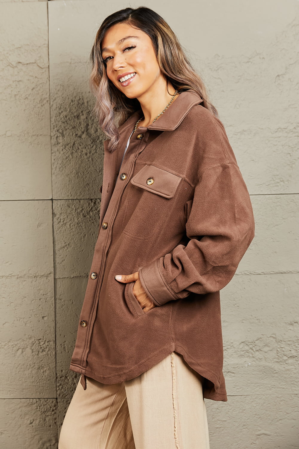 Cozy Girl Fleece Button Down Shacket - Brown