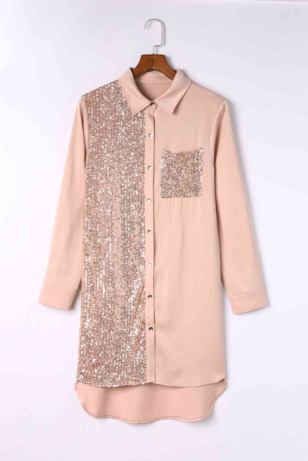 Sequins & Satin High-Low Shirt Dress - 2 Color Options