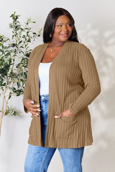 Ribbed Open Front Cardigan with Pockets - 5 Color Options