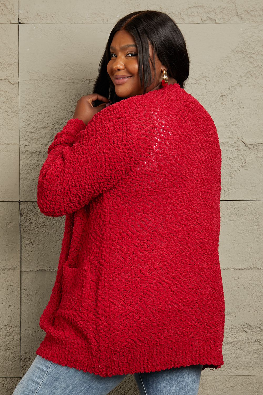 Open Front Popcorn Cardigan - Red