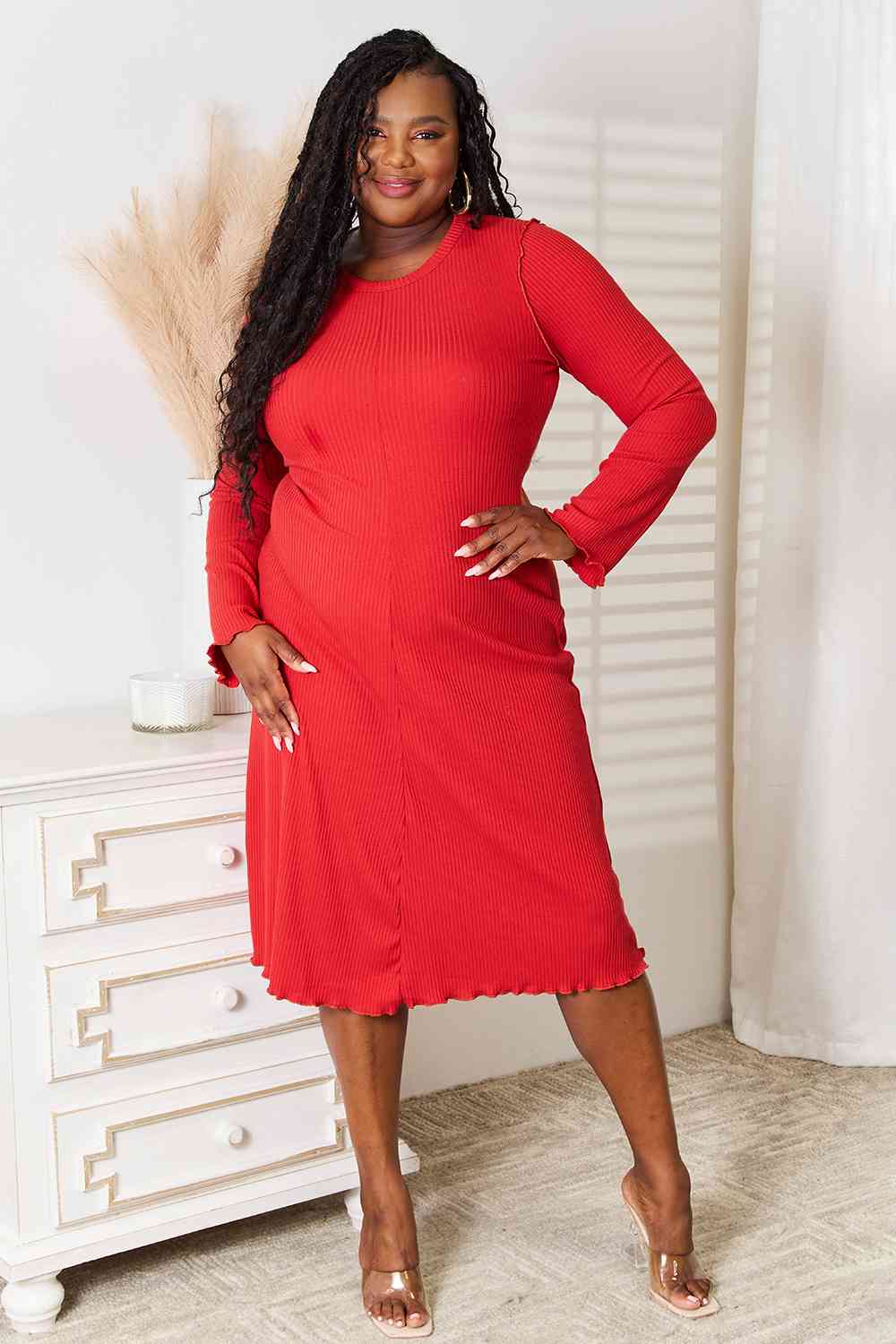 Simply Red Long Sleeve Midi Dress