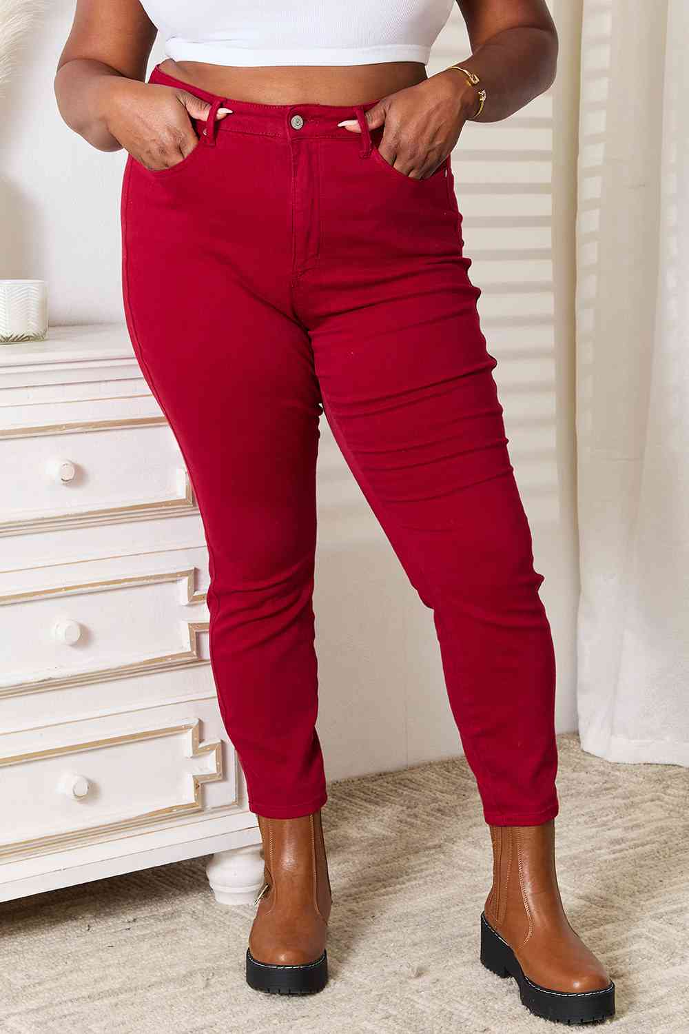 Judy Blue High Waist Tummy Control Skinny Jeans - Holiday Red