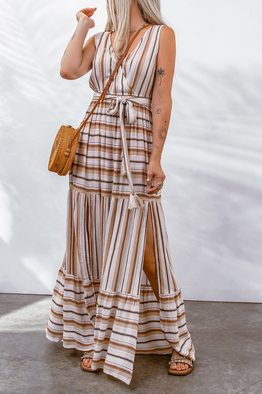 Tassel Tie Striped Side Slit Dress