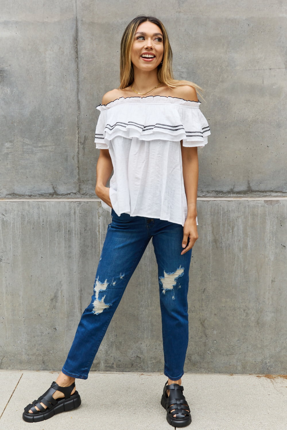 Off The Shoulder Embroidered Ruffle Blouse