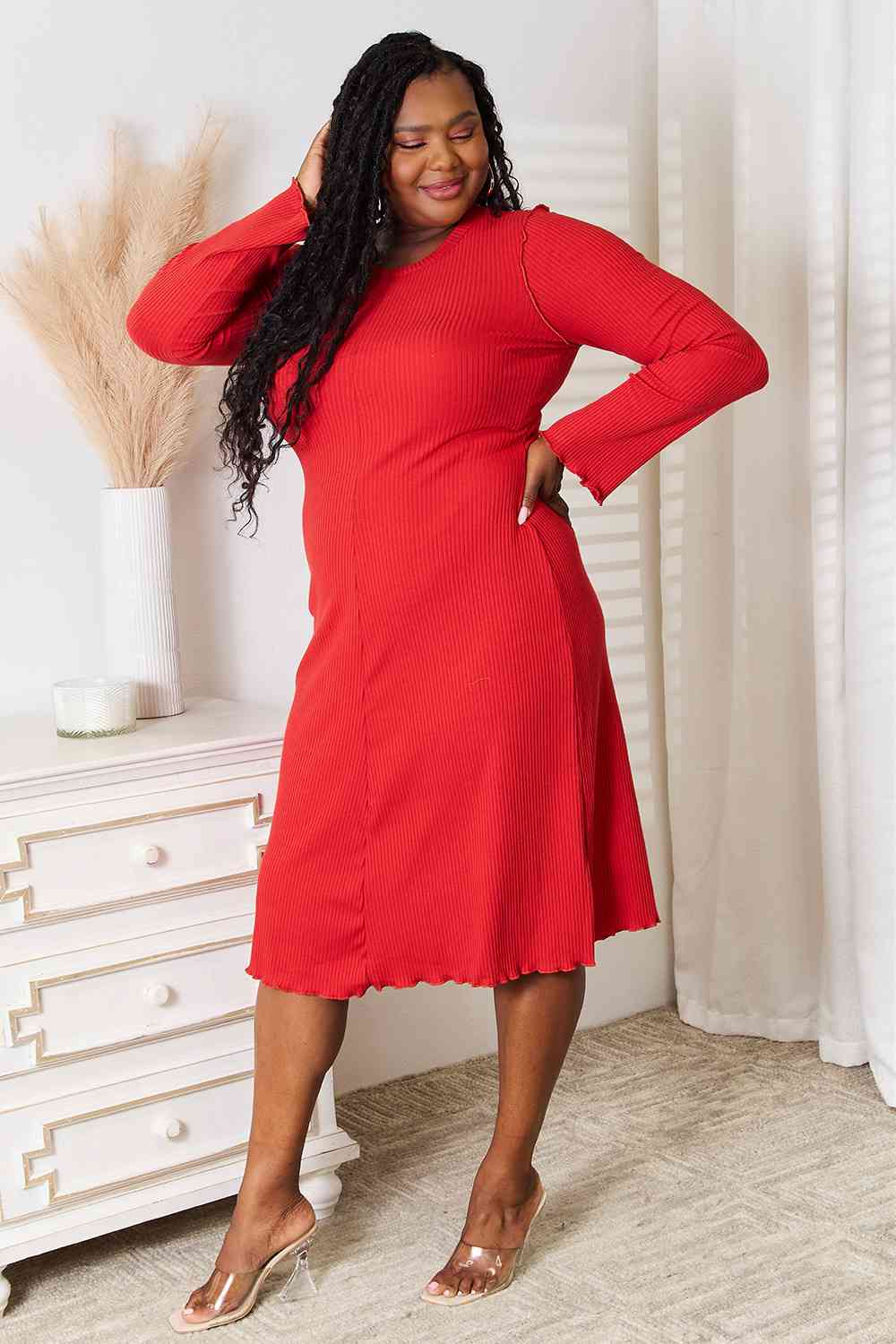 Simply Red Long Sleeve Midi Dress