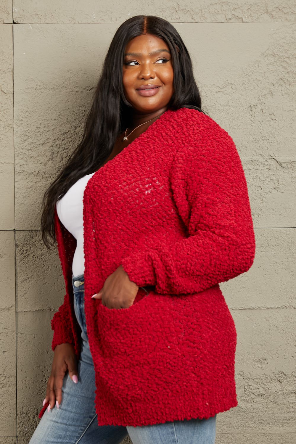 Open Front Popcorn Cardigan - Red