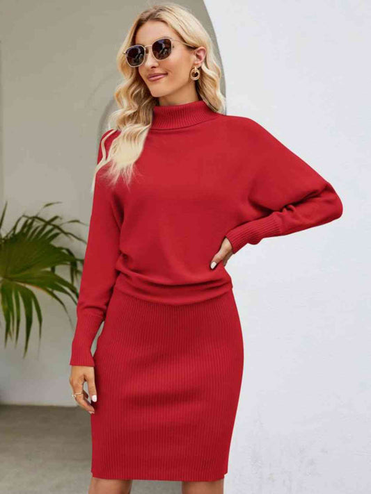 Turtle Neck Long Sleeve Dolman Sweater Dress - 4 Color Options