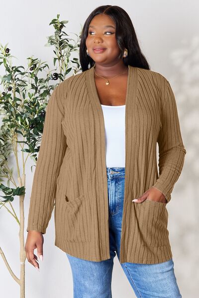 Ribbed Open Front Cardigan with Pockets - 5 Color Options