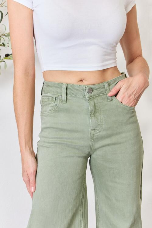 RISEN Raw Hem Wide-Leg Jeans in Sage