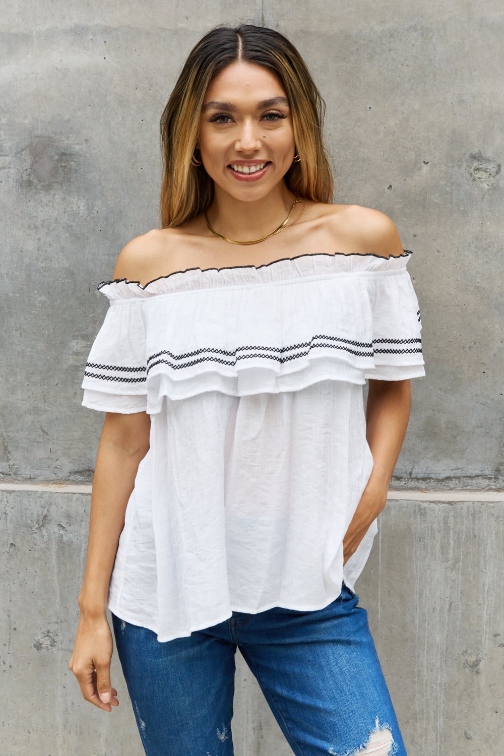 Off The Shoulder Embroidered Ruffle Blouse