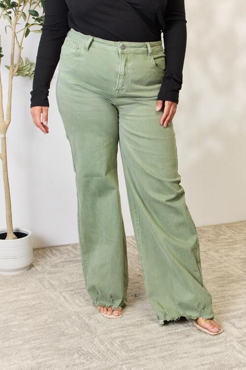 RISEN Raw Hem Wide-Leg Jeans in Sage