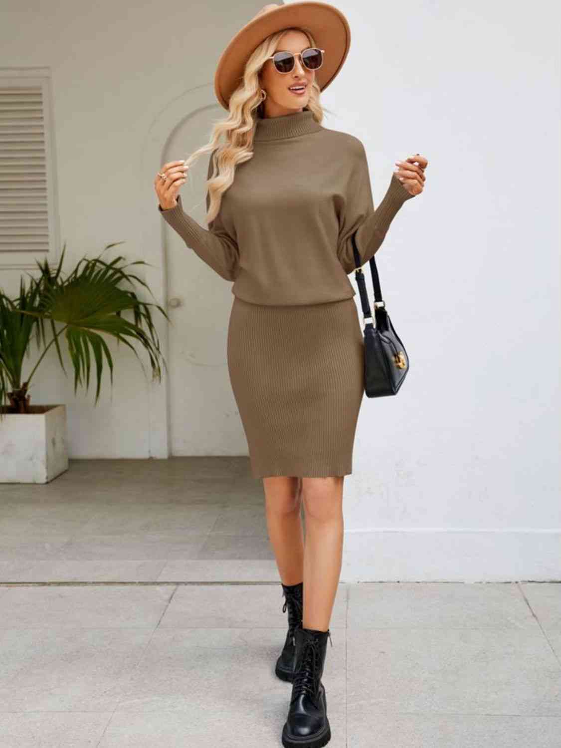 Turtle Neck Long Sleeve Dolman Sweater Dress - 4 Color Options