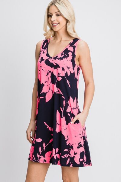 Navy & Neon Floral Tank Dress with Pockets