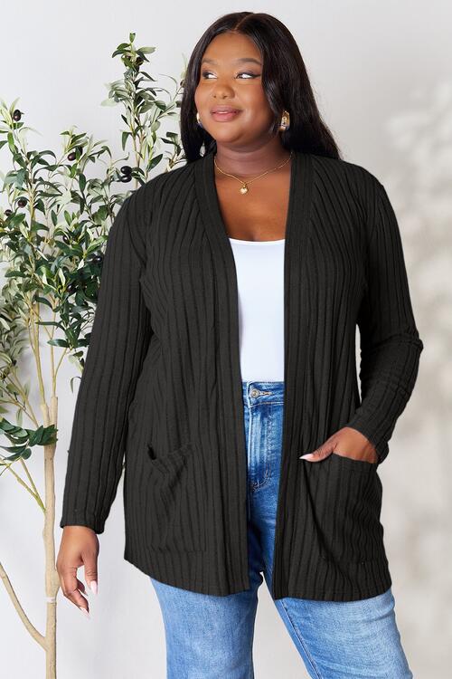 Ribbed Open Front Cardigan with Pockets - 5 Color Options