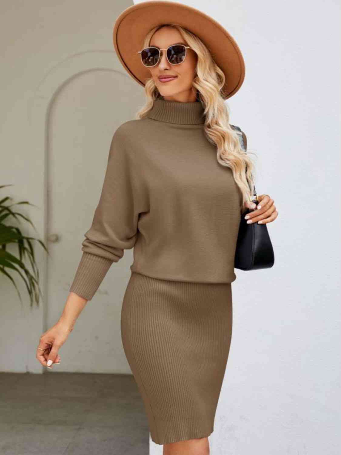 Turtle Neck Long Sleeve Dolman Sweater Dress - 4 Color Options