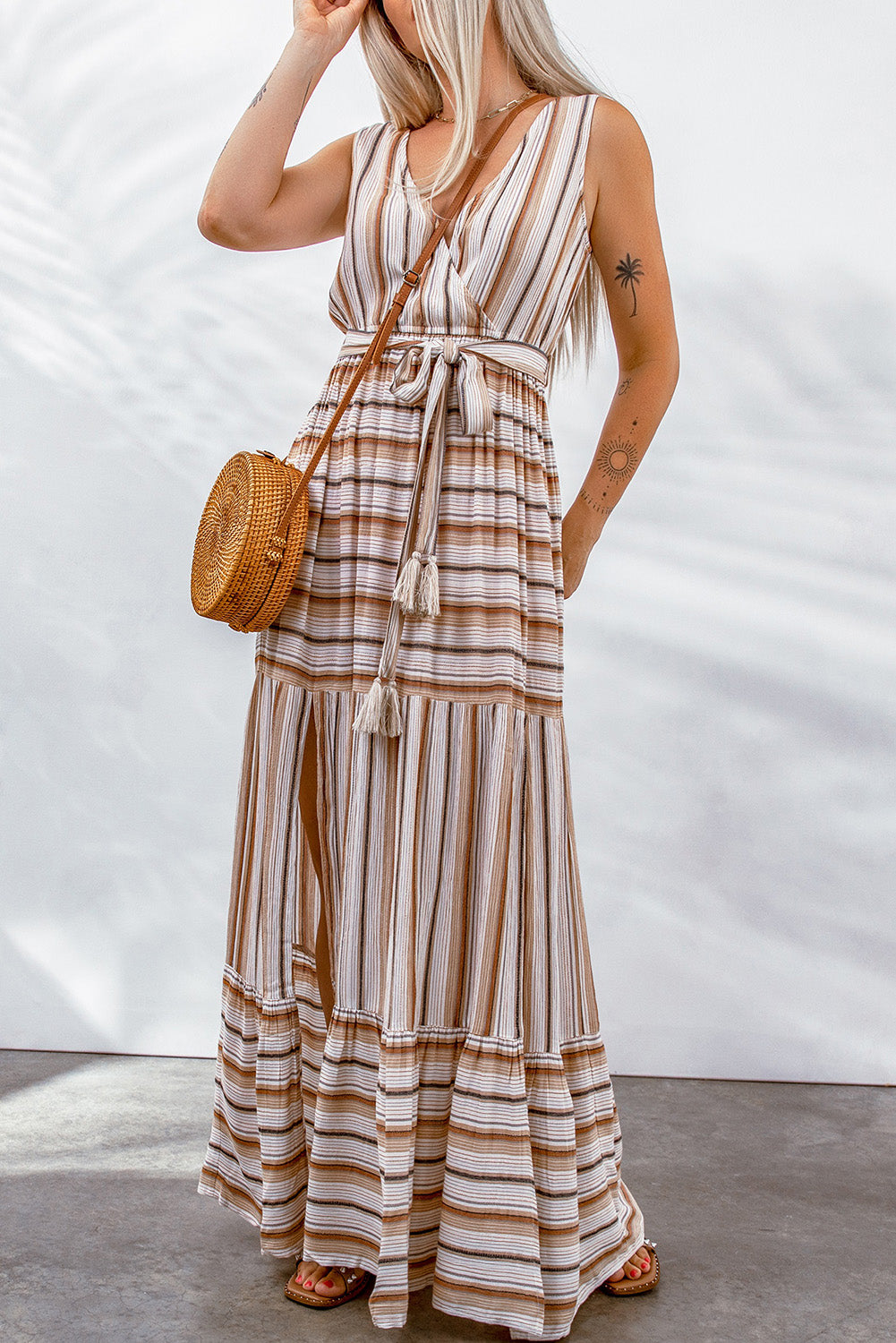 Tassel Tie Striped Side Slit Dress