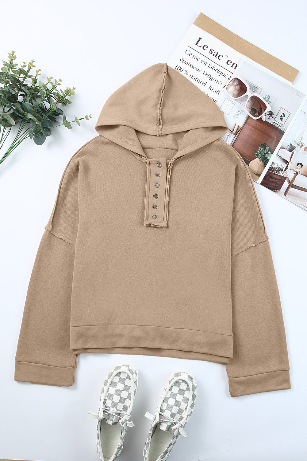 Button Placket Dropped Shoulder Hoodie - 12 Color Options