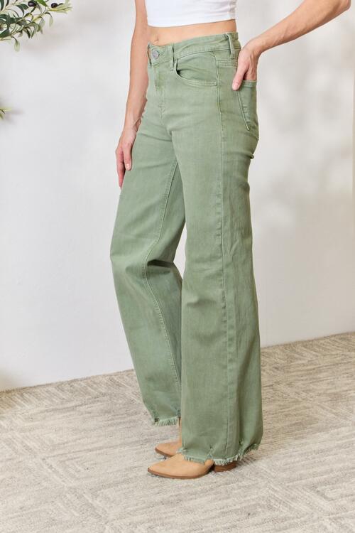 RISEN Raw Hem Wide-Leg Jeans in Sage